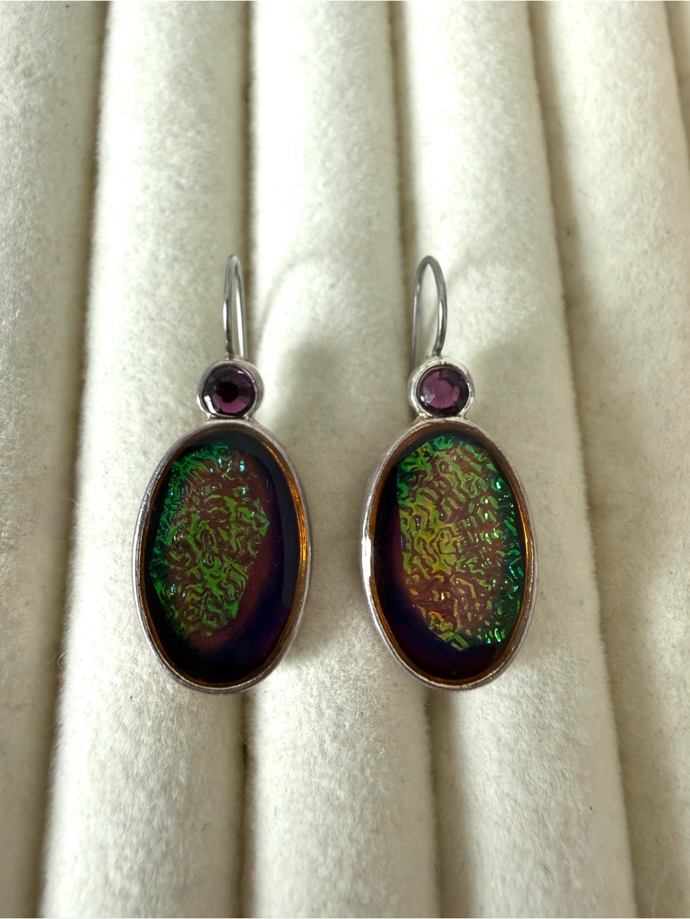 Handmade Iridescent Green-Purple Dichroic Glass Drop Earrings